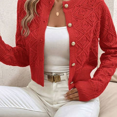 Women's Cropped Cardigan Button-Front Diamond-Knit Cozy Layering