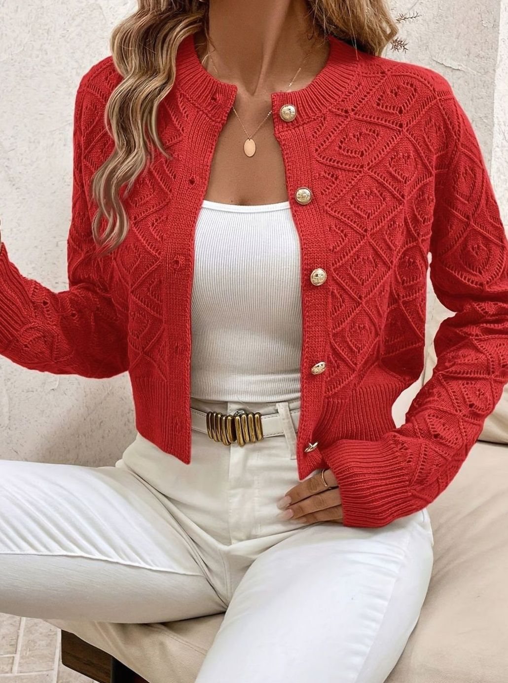 Women's Cropped Cardigan Button-Front Diamond-Knit Cozy Layering