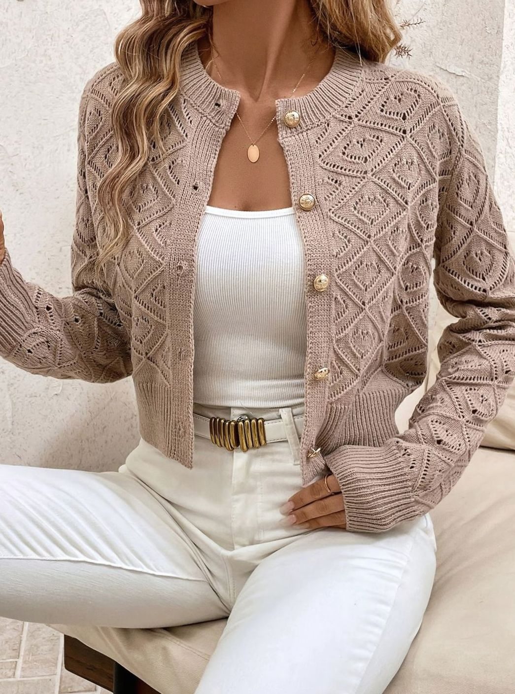 Women's Cropped Cardigan Button-Front Diamond-Knit Cozy Layering