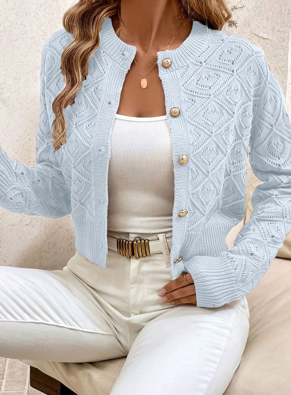 Women's Cropped Cardigan Button-Front Diamond-Knit Cozy Layering