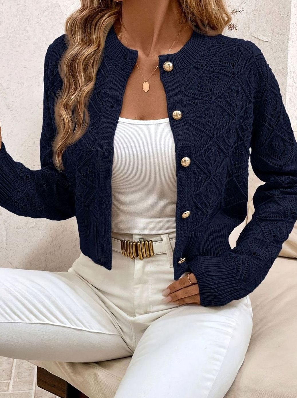 Women's Cropped Cardigan Button-Front Diamond-Knit Cozy Layering