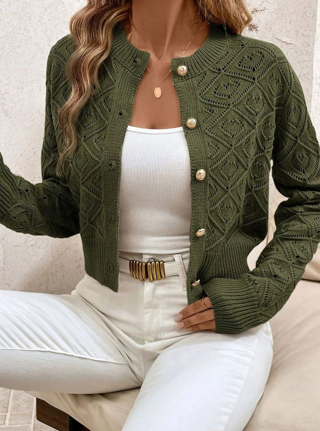 Women's Cropped Cardigan Button-Front Diamond-Knit Cozy Layering