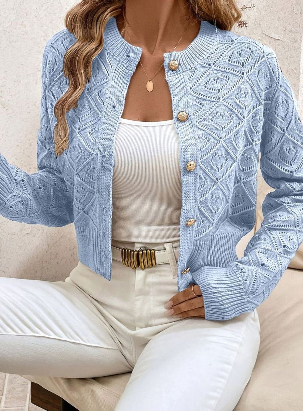 Women's Cropped Cardigan Button-Front Diamond-Knit Cozy Layering