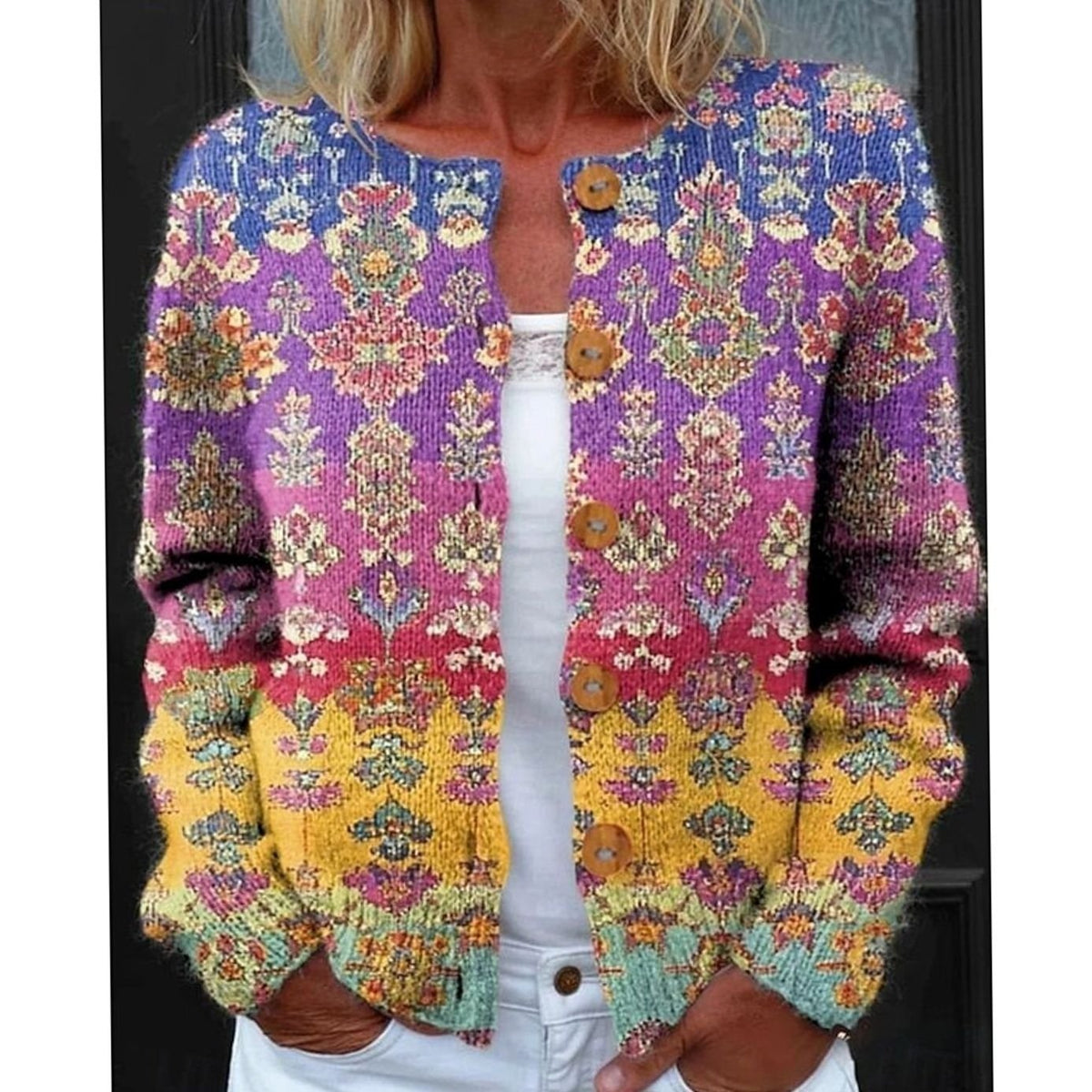 Women's Floral Long-Sleeve Cardigan Button-Front Knit Casual Layering