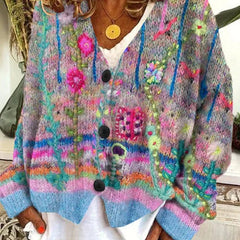 Women's Floral Embroidered Cardigan Button-Front Knit Long Sleeve Stylish Everyday