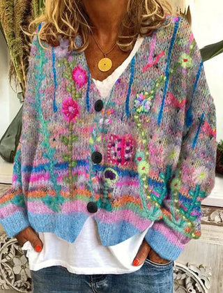 Women's Floral Embroidered Cardigan Button-Front Knit Long Sleeve Stylish Everyday