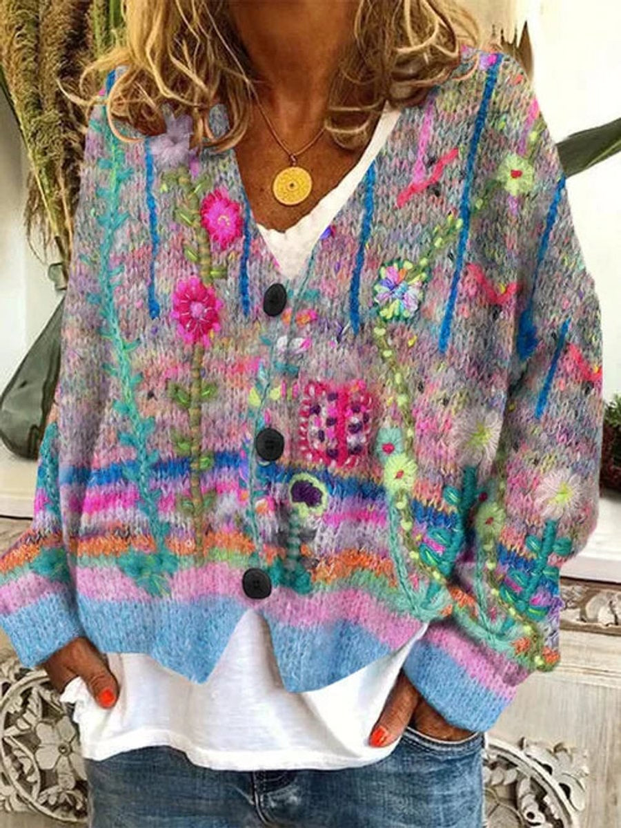Women's Floral Embroidered Cardigan Button-Front Knit Long Sleeve Stylish Everyday