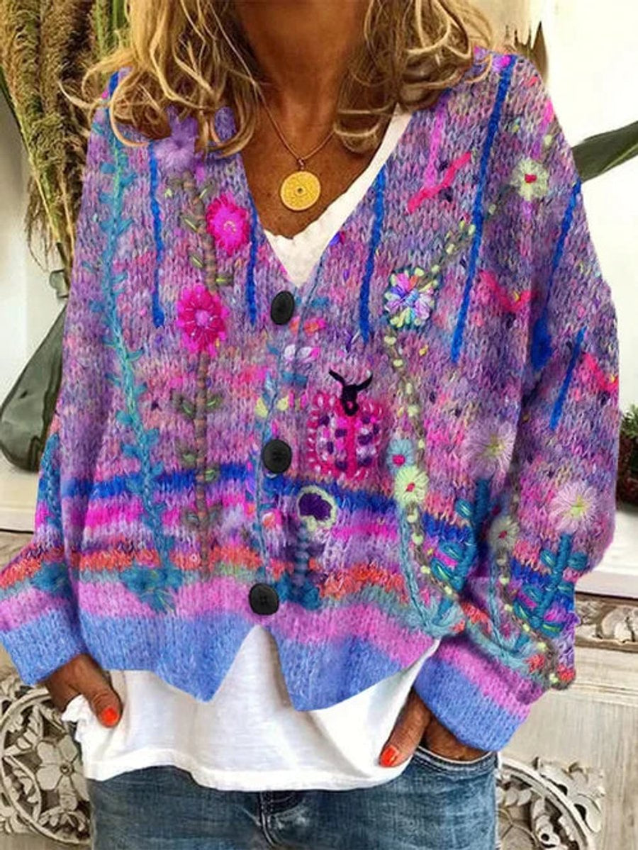 Women's Floral Embroidered Cardigan Button-Front Knit Long Sleeve Stylish Everyday