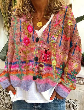 Women's Floral Embroidered Cardigan Button-Front Knit Long Sleeve Stylish Everyday