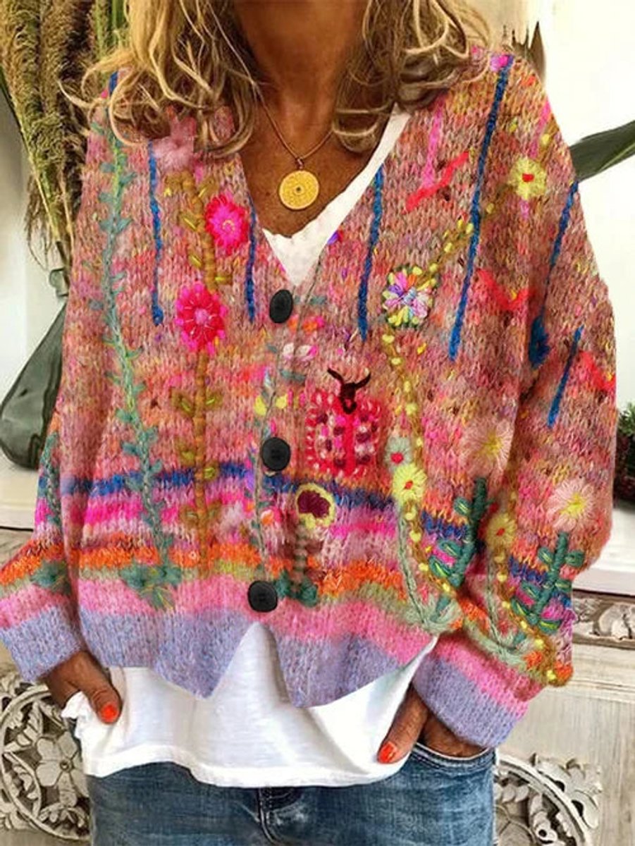 Women's Floral Embroidered Cardigan Button-Front Knit Long Sleeve Stylish Everyday