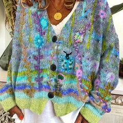 Women's Floral Embroidered Cardigan Button-Front Knit Long Sleeve Stylish Everyday