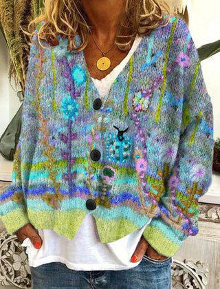 Women's Floral Embroidered Cardigan Button-Front Knit Long Sleeve Stylish Everyday