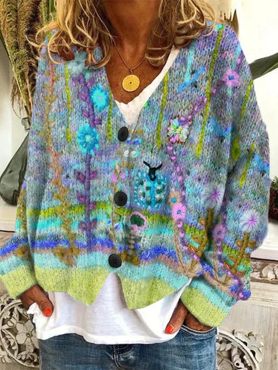 Women's Floral Embroidered Cardigan Button-Front Knit Long Sleeve Stylish Everyday