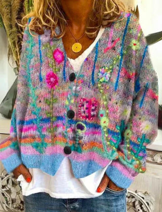Women's Floral Knit Cardigan Sweater Button-Front Long Sleeve Casual Layering