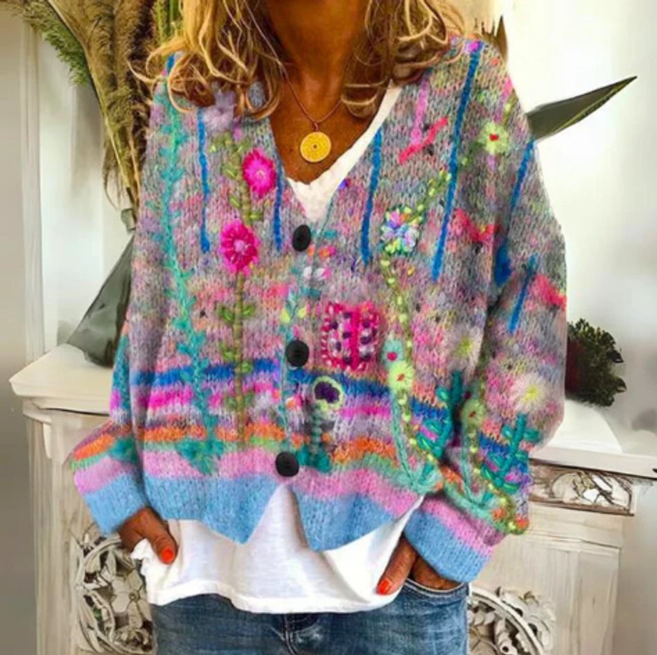 Women's Floral Knit Cardigan Sweater Button-Front Long Sleeve Casual Layering