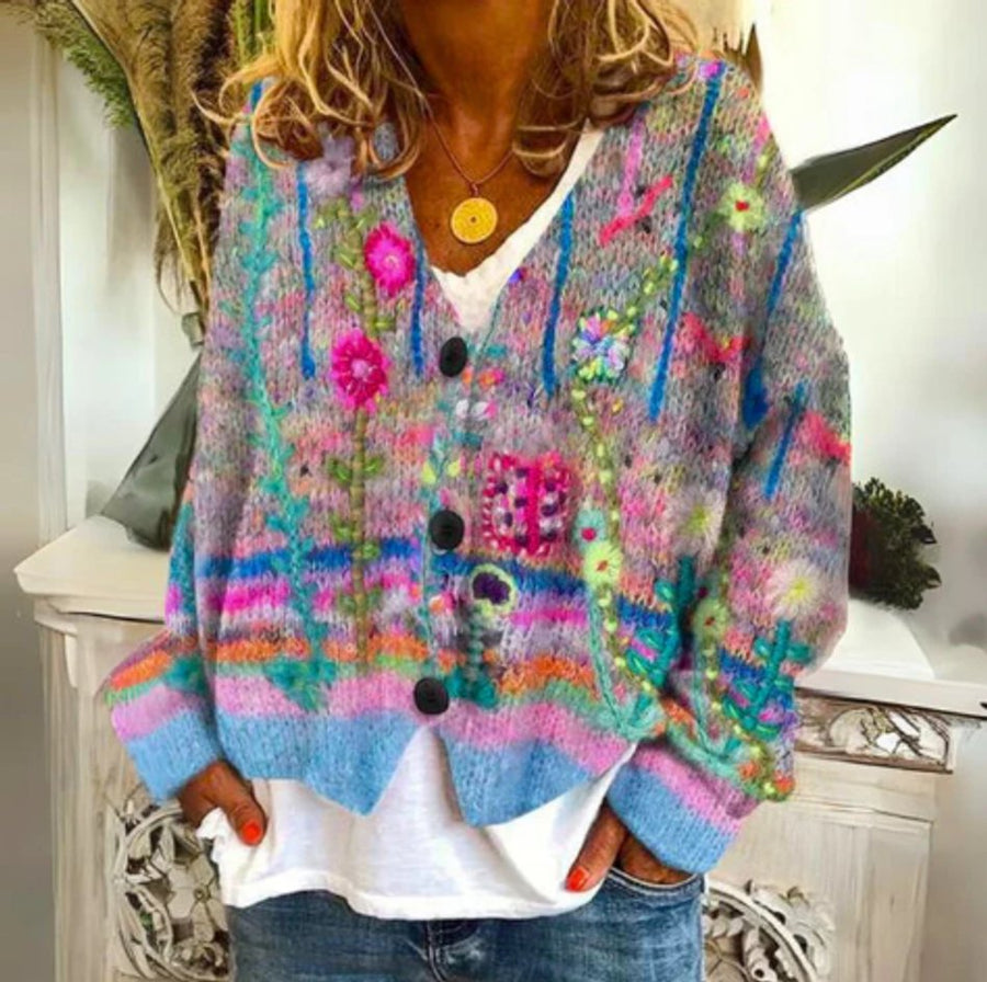 Women's Floral Knit Cardigan Sweater Button-Front Long Sleeve Casual Layering