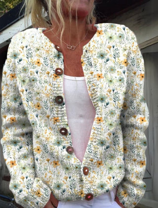Women's Floral Knit Cardigan Sweater Button-Front Long Sleeve Casual Everyday