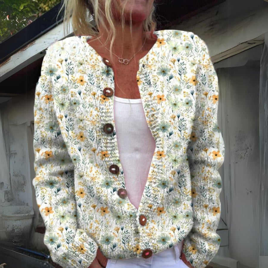 Women's Floral Knit Cardigan Sweater Button-Front Long Sleeve Casual Everyday