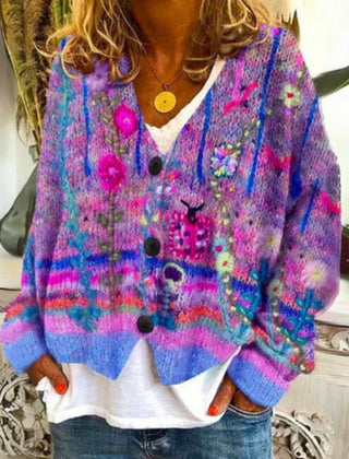 Women's Floral Knit Cardigan Sweater Button-Front Long Sleeve Casual Layering