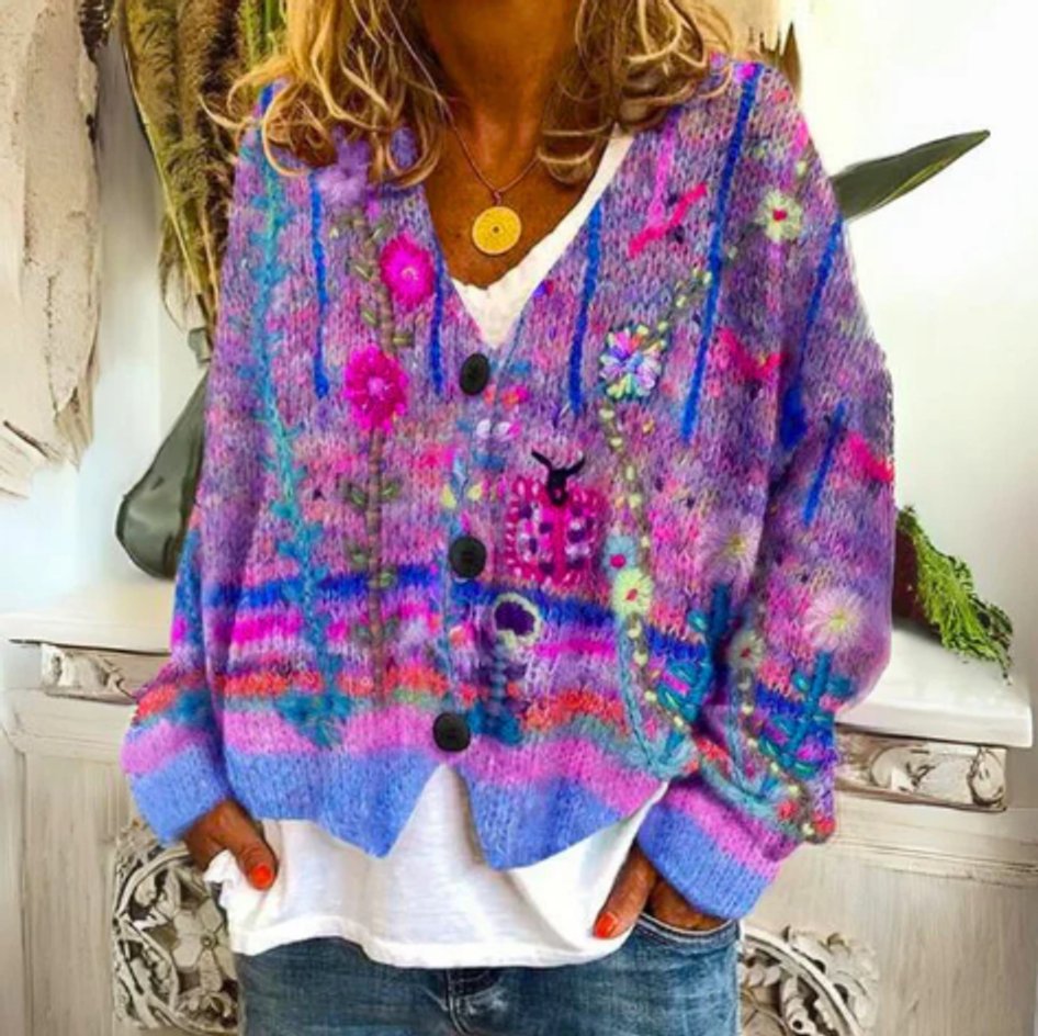 Women's Floral Knit Cardigan Sweater Button-Front Long Sleeve Casual Layering