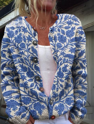 Women's Floral Knit Cardigan Sweater Button-Front Long Sleeve Casual Everyday