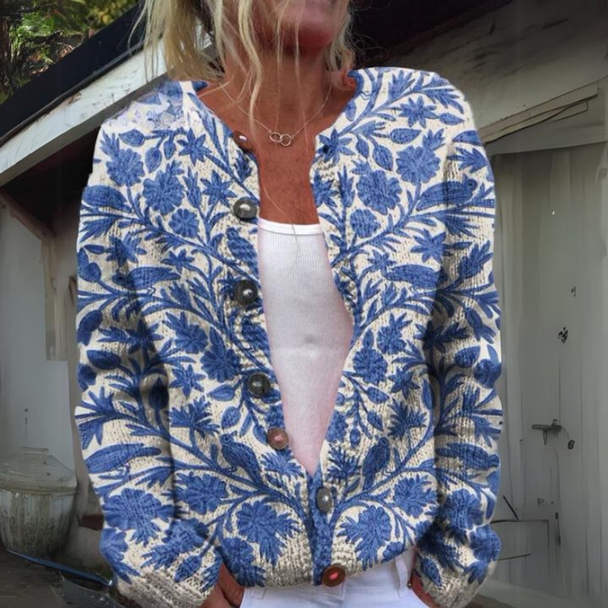 Women's Floral Knit Cardigan Sweater Button-Front Long Sleeve Casual Everyday
