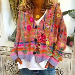 Women's Floral Knit Cardigan Sweater Button-Front Long Sleeve Casual Layering