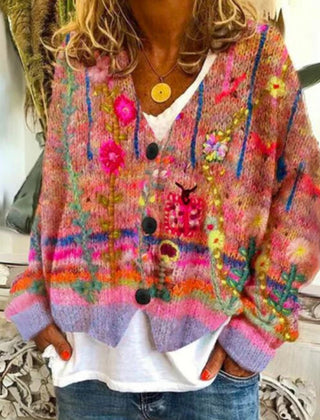 Women's Floral Knit Cardigan Sweater Button-Front Long Sleeve Casual Layering