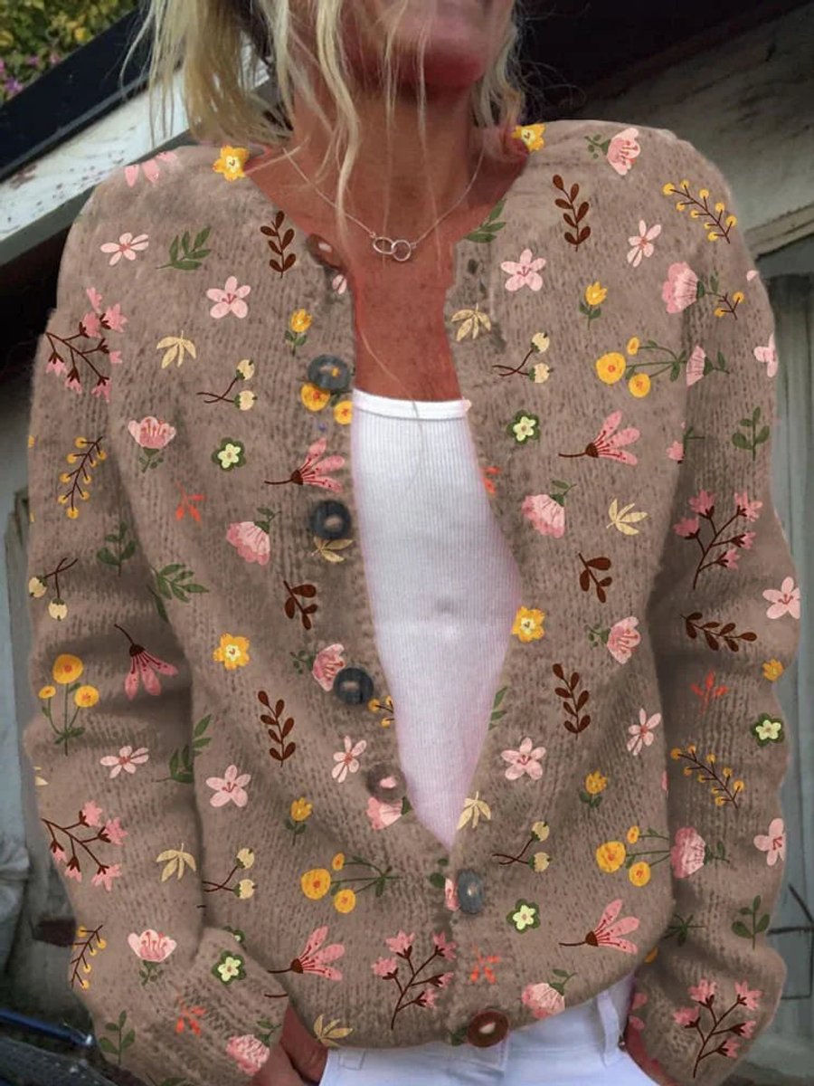 Women's Floral Knit Cardigan Sweater Button-Front Long Sleeve Casual Everyday