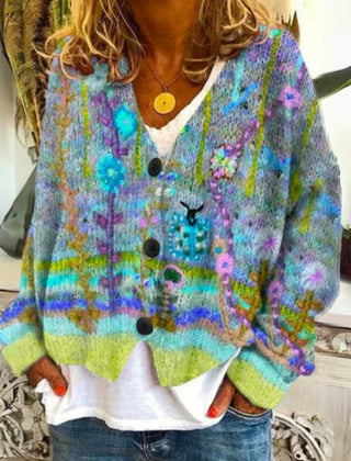 Women's Floral Knit Cardigan Sweater Button-Front Long Sleeve Casual Layering
