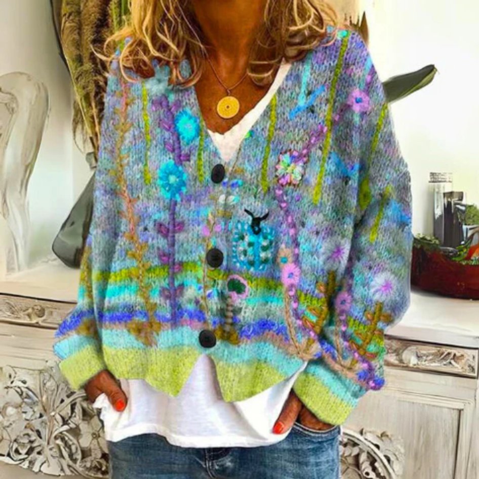 Women's Floral Knit Cardigan Sweater Button-Front Long Sleeve Casual Layering