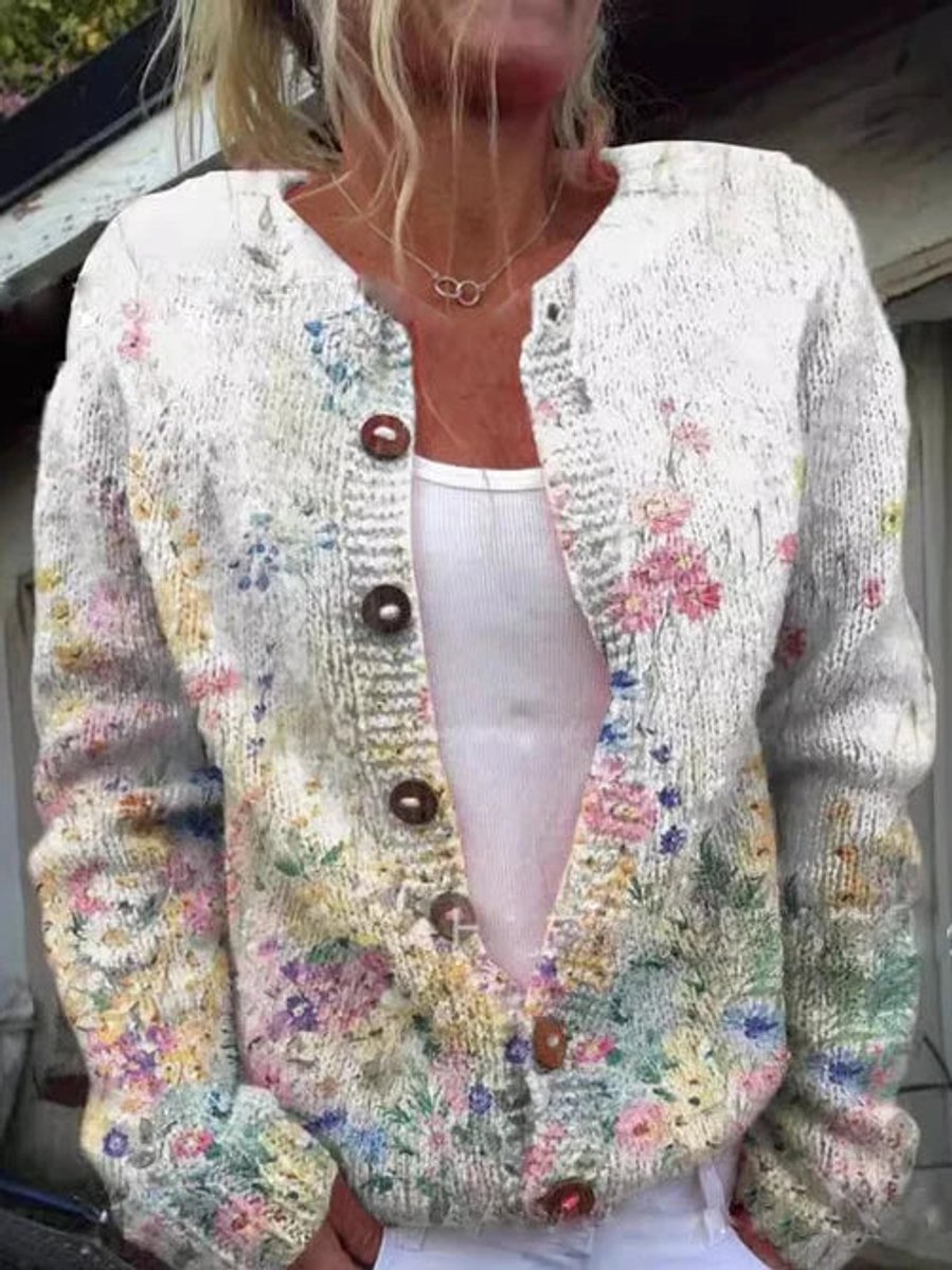 Women's Floral Knit Cardigan Sweater Button-Front Long Sleeve Casual Everyday