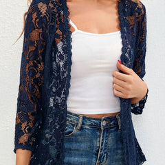Women's Floral Lace Open-Front Cardigan Three-Quarter Sleeve Stylish Layering