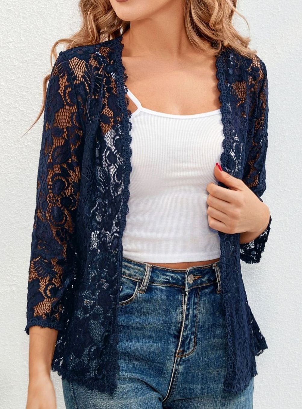 Women's Floral Lace Open-Front Cardigan Three-Quarter Sleeve Stylish Layering