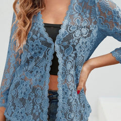 Women's Floral Lace Open-Front Cardigan Three-Quarter Sleeve Stylish Layering