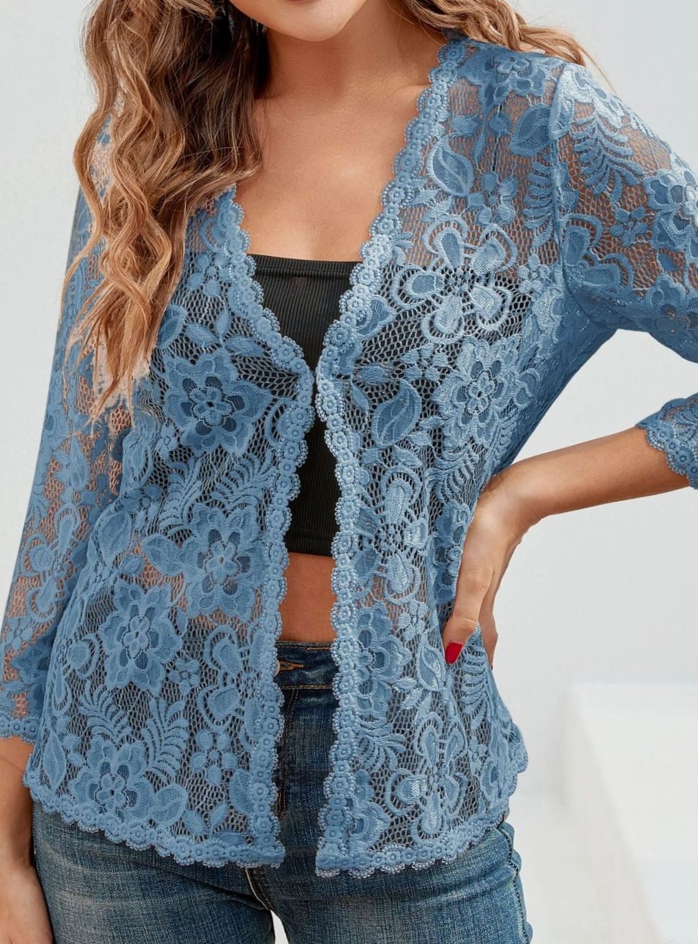 Women's Floral Lace Open-Front Cardigan Three-Quarter Sleeve Stylish Layering