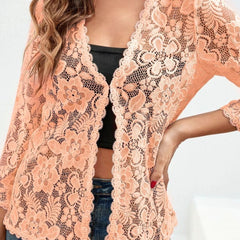 Women's Floral Lace Open-Front Cardigan Three-Quarter Sleeve Stylish Layering