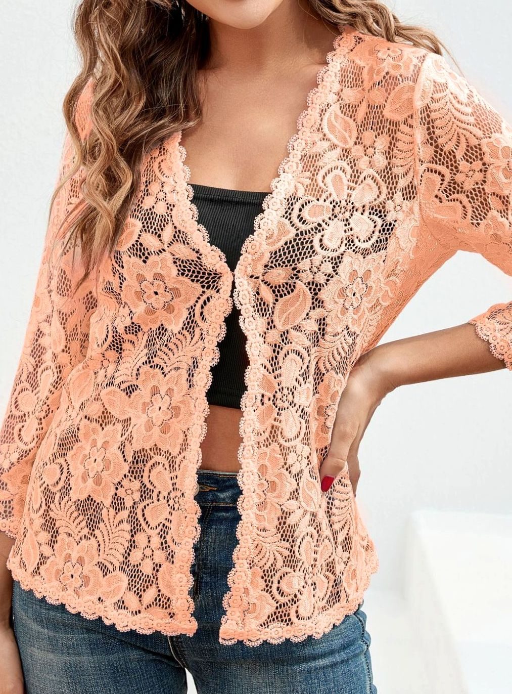 Women's Floral Lace Open-Front Cardigan Three-Quarter Sleeve Stylish Layering