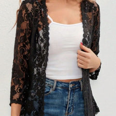Women's Floral Lace Open-Front Cardigan Three-Quarter Sleeve Stylish Layering