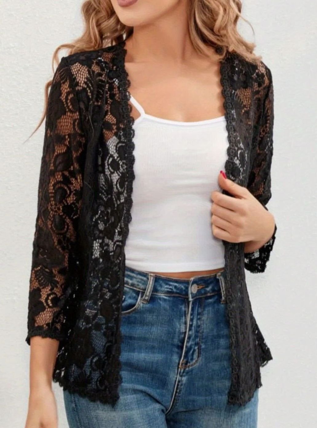 Women's Floral Lace Open-Front Cardigan Three-Quarter Sleeve Stylish Layering