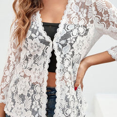 Women's Floral Lace Open-Front Cardigan Three-Quarter Sleeve Stylish Layering