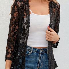 Women's Floral Lace Open-Front Cardigan Three-Quarter Sleeve Stylish Layering