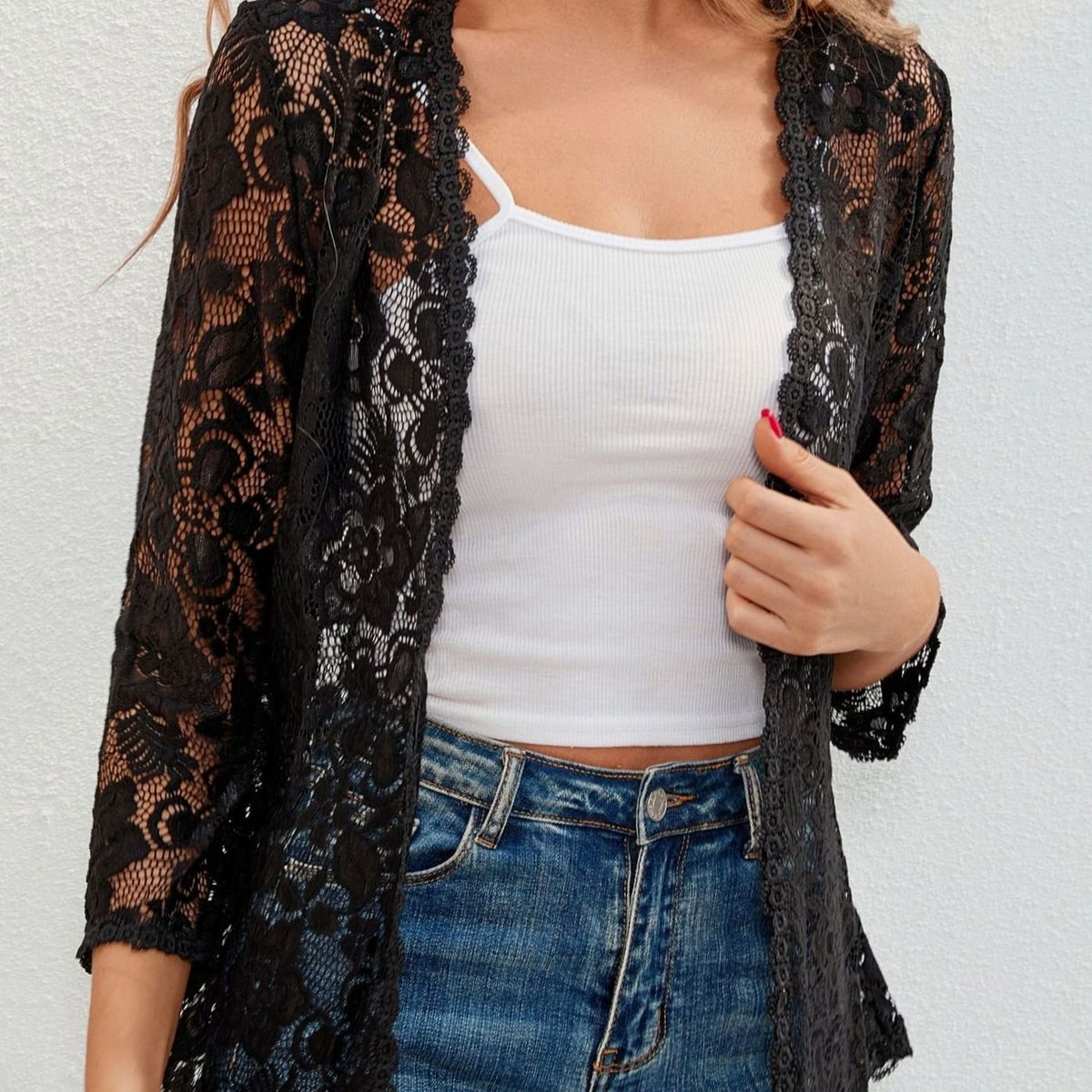 Women's Floral Lace Open-Front Cardigan Three-Quarter Sleeve Stylish Layering