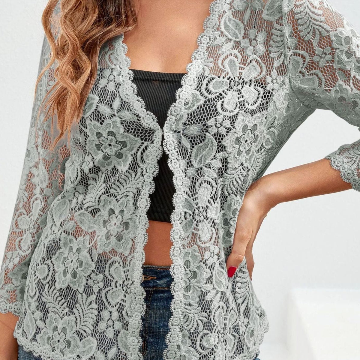 Women's Floral Lace Open-Front Cardigan Three-Quarter Sleeve Stylish Layering