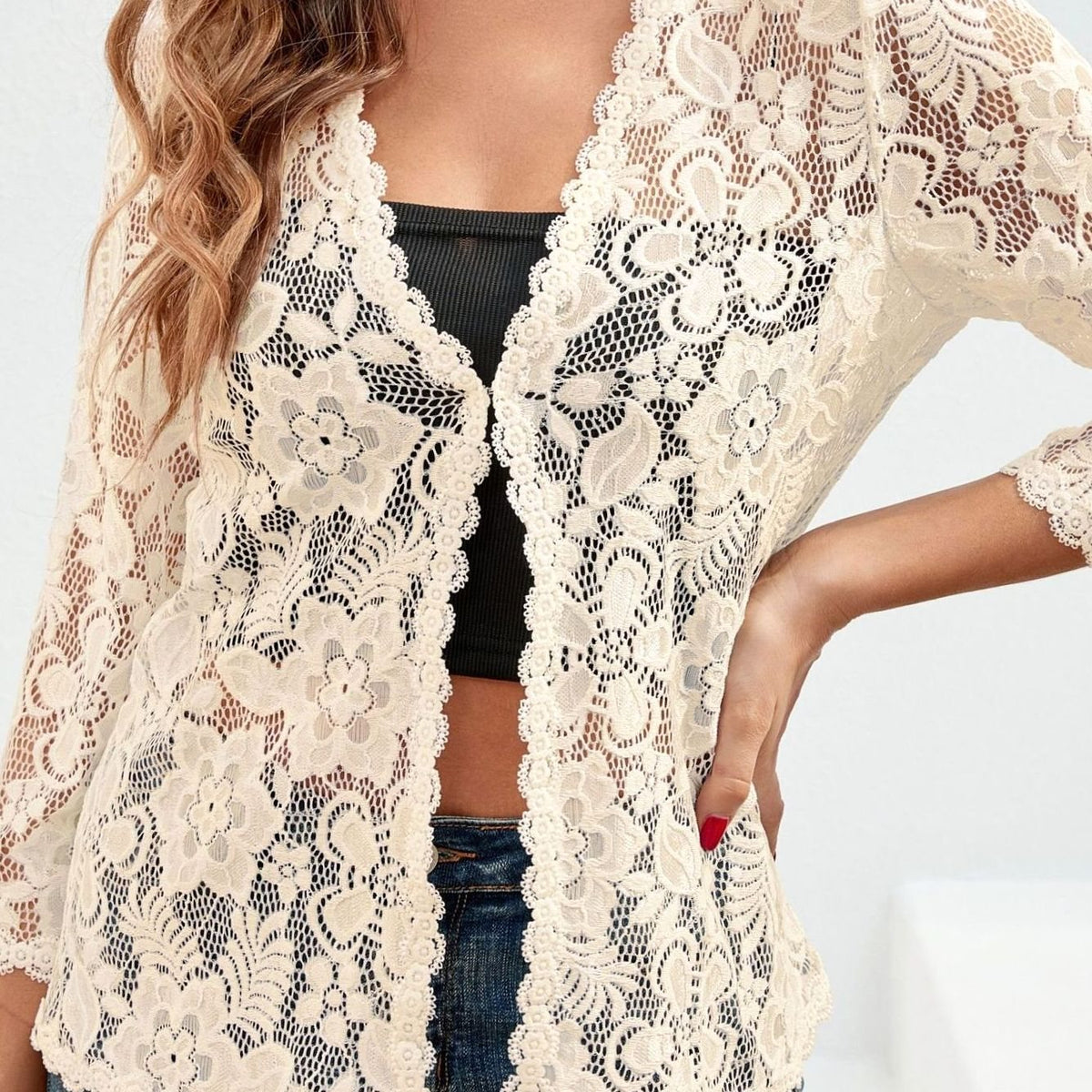 Women's Floral Lace Open-Front Cardigan Three-Quarter Sleeve Stylish Layering