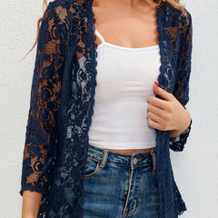 Women's Floral Lace Open-Front Cardigan Three-Quarter Sleeve Stylish Layering