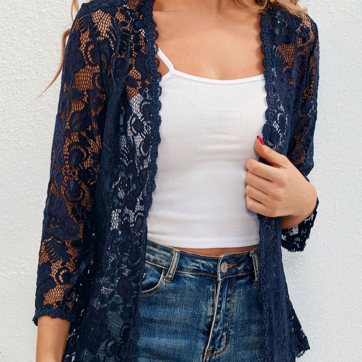Women's Floral Lace Open-Front Cardigan Three-Quarter Sleeve Stylish Layering