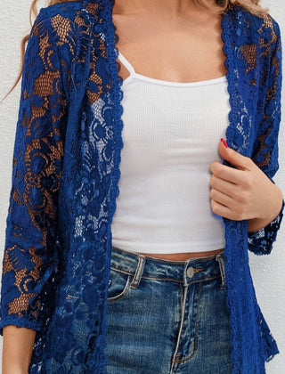 Women's Floral Lace Open-Front Cardigan Three-Quarter Sleeve Stylish Layering