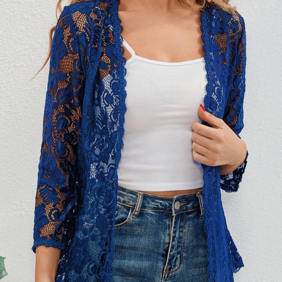 Women's Floral Lace Open-Front Cardigan Three-Quarter Sleeve Stylish Layering