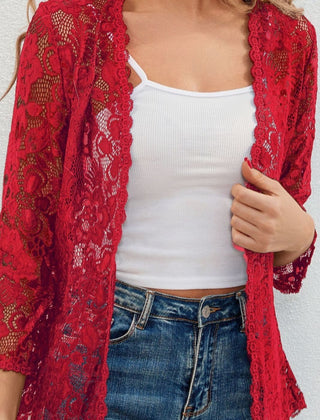 Women's Floral Lace Open-Front Cardigan Three-Quarter Sleeve Stylish Layering